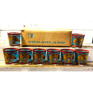 NOS Set of 8 Vintage 1950's Cera Glassware Old Fashion Glasses Regimental Drums